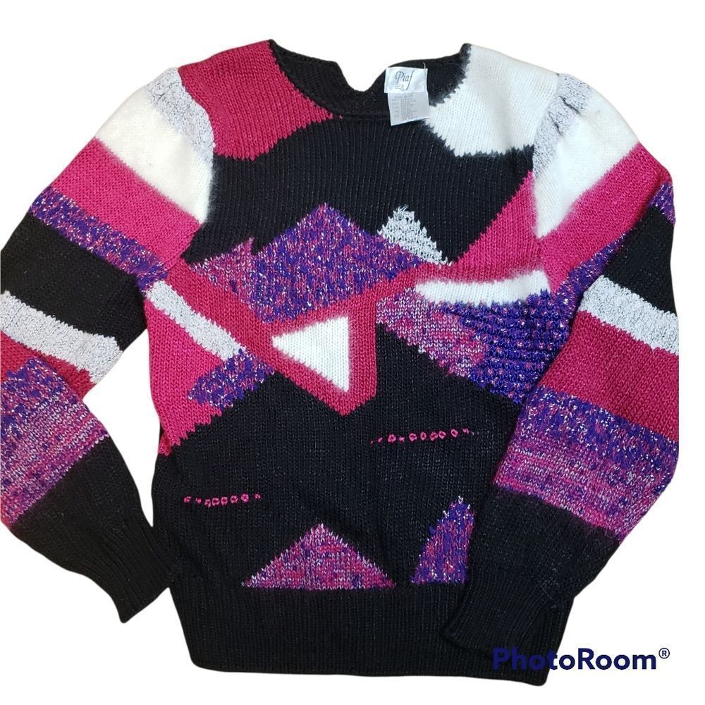 VINTAGE Piaf Grandma Core Abstract 80's Sweater Size Small Black Pink Purple